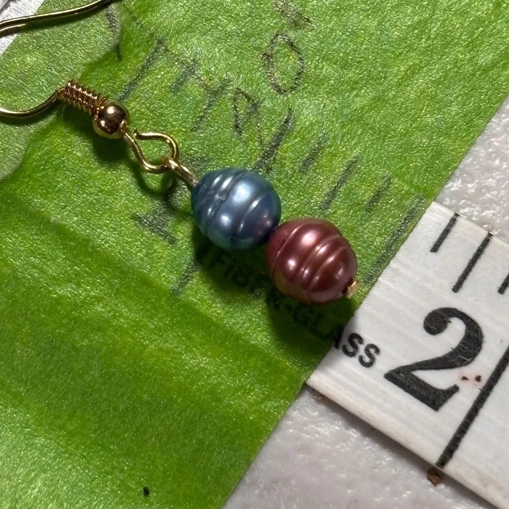 Handmade Blue and‎ Pink Freshwater Pearl Gold Tone French Hook Drop Earrings
